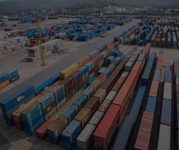 Панорамный вид на обширную складскую площадку с плотно размещенными разноцветными морскими контейнерами, разделенными проездами, вдали видны элементы портовой инфраструктуры